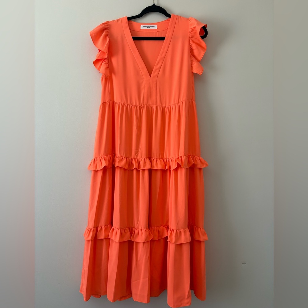 Amanda Uprichard midi Dress Bright Orange Ruffle V neck Size M
